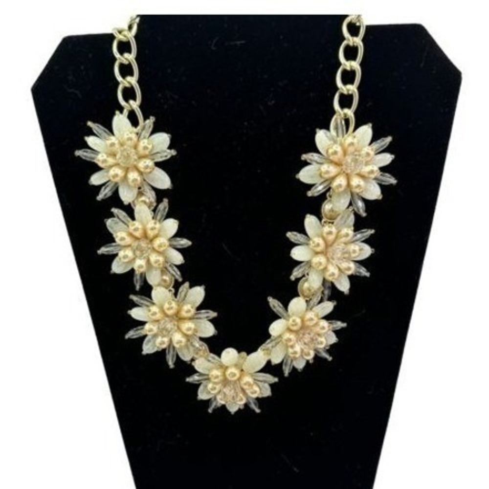 Vintage vFlower‎ Statement Necklace Gold Chain Beaded Floral Party Jewelry